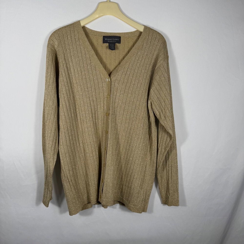 WORKING CLASSICS Women Cardigan Gold Metallic Ribbed Knit Button Front Sz 14/16